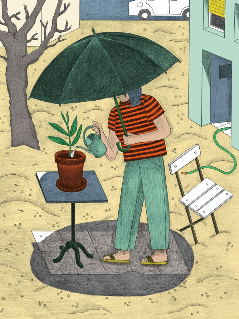 Illustration einer Person unter einem Regenschirm, die im Regen draußen eine Pflanze gießt. 